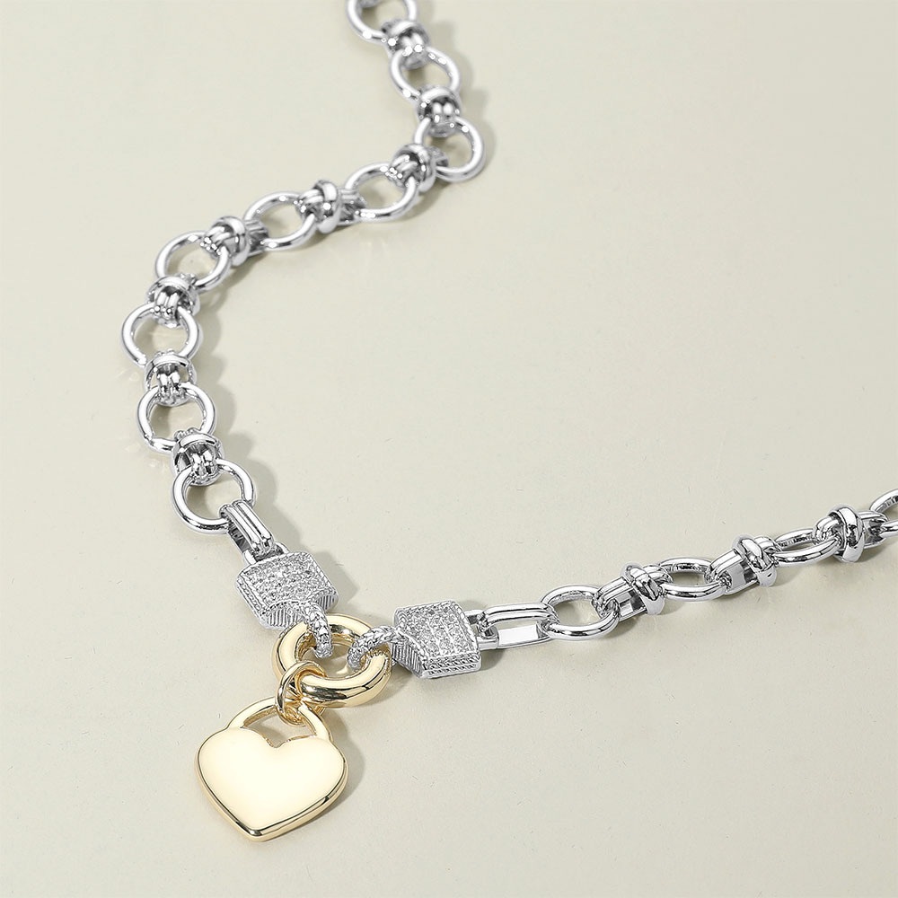 14K Gold Plated Two Tone Heart Pendant CZ Stone Paved Link Chain Necklace